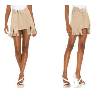 Beige Suede Fringe Mini Skirt with Belt